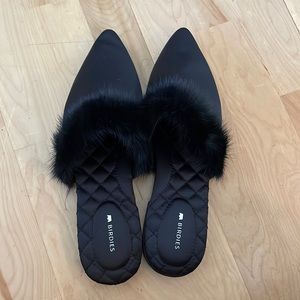 Birdies The Dove Onyx Black Womens Slip On Mink Fur Pointed Toe Mules